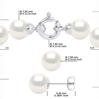 Parure Collier et Boucles d'Oreilles Perles d'Eau Douce 7-8 mm Or Blanc