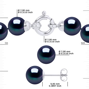 Parure Collier et Boucles d'Oreilles Perles d'Eau Douce 7-8 mm Or Blanc