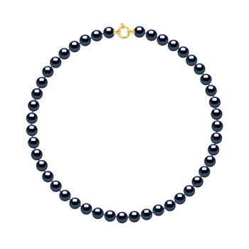 Collier Rang PRINCESSE Perles d'Eau Douce Rondes 9-10 mm Noires Fermoir Prestige Or Jaune