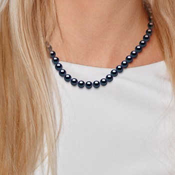 Collier Rang PRINCESSE Perles d'Eau Douce Rondes 9-10 mm Noires Fermoir Prestige Or Jaune