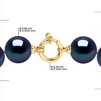 Collier Rang PRINCESSE Perles d'Eau Douce Rondes 9-10 mm Noires Fermoir Prestige Or Jaune