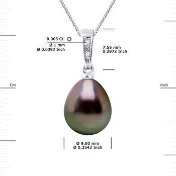 Pendentif Diamants 0,010 Cts et Perle de TAHITI Poire 9-10 mm Or Blanc 18 Carats Livré avec Chaîne