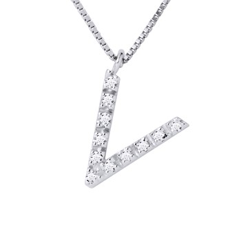 Collier ALPHABET Diamants 0,06 Cts  LETTRE 'V' Or Blanc 18 Carats