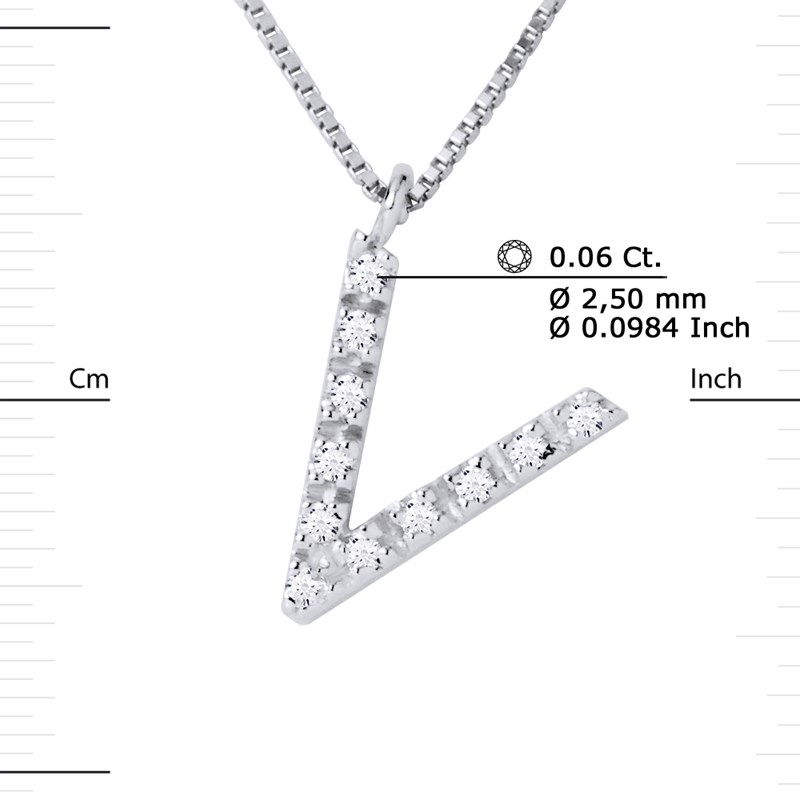 Collier ALPHABET Diamants 0,06 Cts  LETTRE 'V' Or Blanc 18 Carats - vue 3