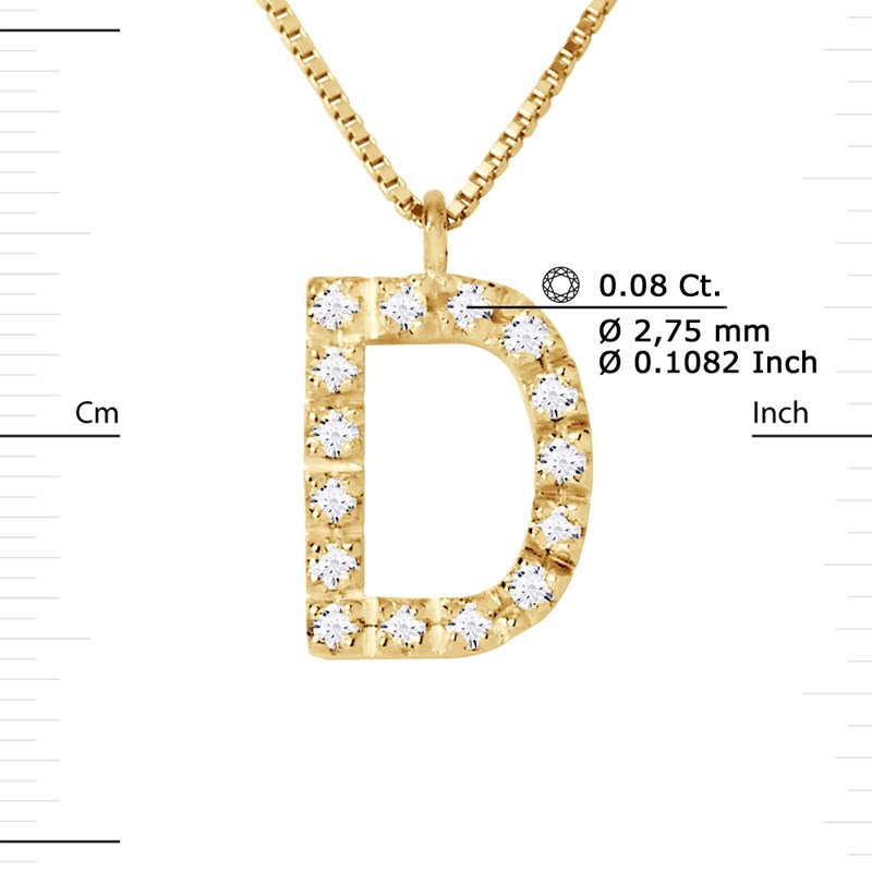 Collier ALPHABET Diamants 0,08 Cts  LETTRE 'D' Or Jaune 18 Carats - vue 3