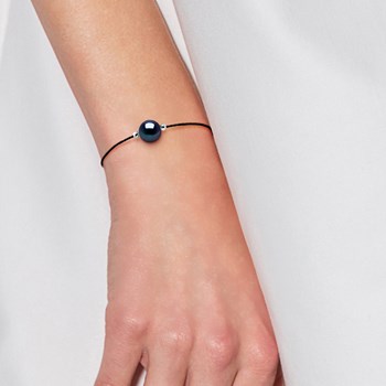 Bracelet LOVE LINK Perle d'Eau Douce Ronde 9-10 mm Noire Lien Nylon Noir Argent 925