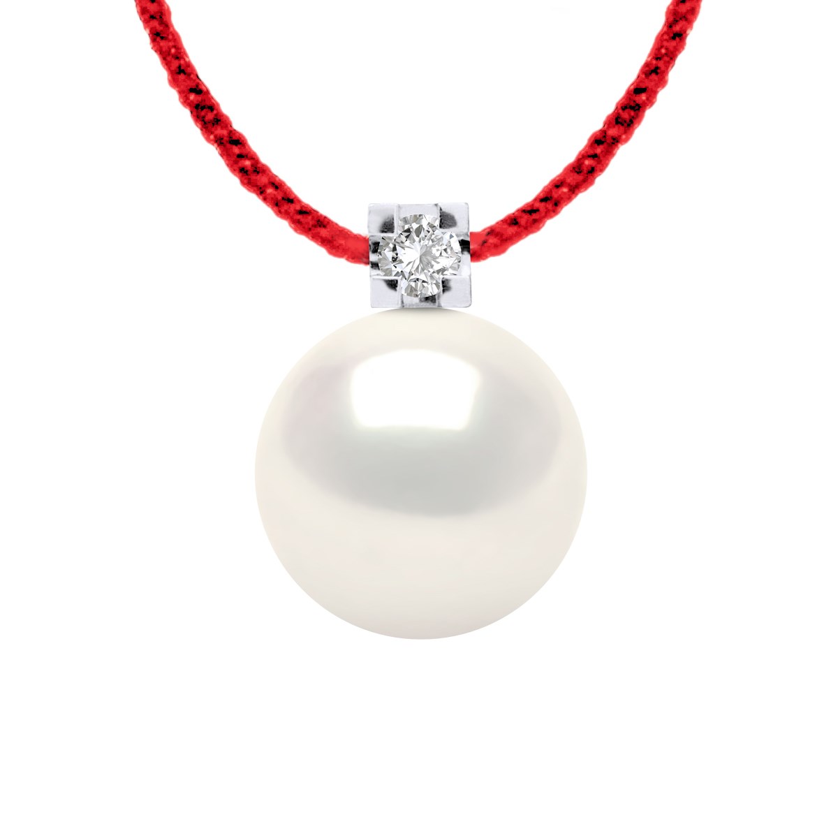 Collier Diamant Naturel 0,030 Cts et Perle d'Eau Douce Ronde 8-9 mm Lien Nylon Rouge Argent 925