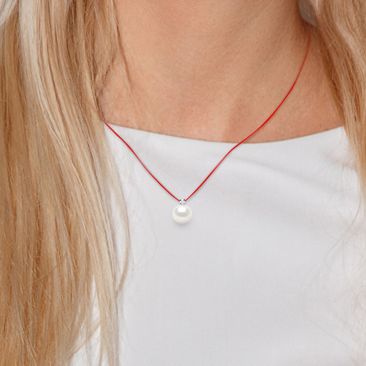 Collier Diamant Naturel 0,030 Cts et Perle d'Eau Douce Ronde 8-9 mm Lien Nylon Rouge Argent 925 - vue 2