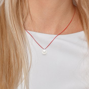 Collier Diamant Naturel 0,030 Cts et Perle d'Eau Douce Ronde 8-9 mm Lien Nylon Rouge Argent 925