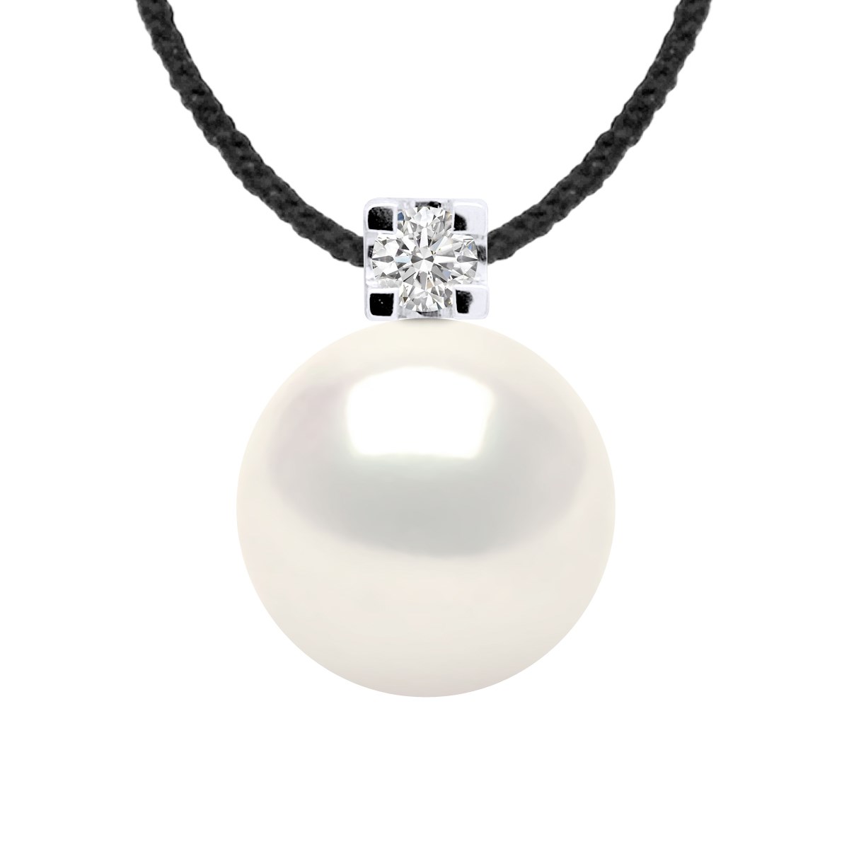 Collier Diamant Naturel 0,050 Cts et Perle d'Eau Douce Ronde 9-10 mm Lien Nylon Noir  Argent 925