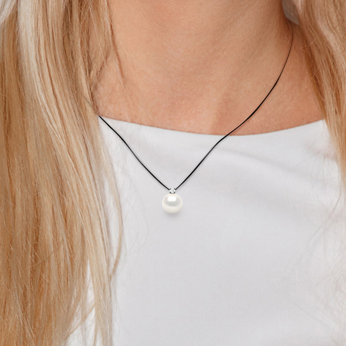 Collier Diamant Naturel 0,050 Cts et Perle d'Eau Douce Ronde 9-10 mm Lien Nylon Noir  Argent 925 - vue 2