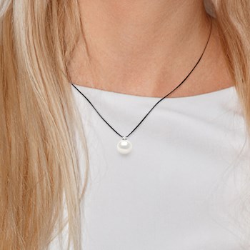 Collier Diamant Naturel 0,050 Cts et Perle d'Eau Douce Ronde 9-10 mm Lien Nylon Noir  Argent 925