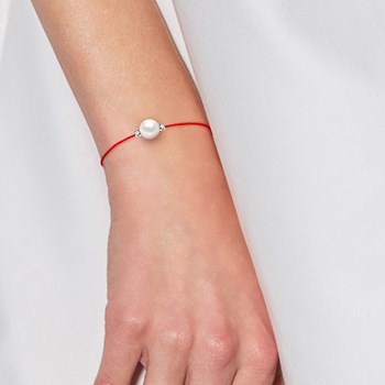 Bracelet Diamant Naturel 0,060 Cts et Perle de Culture Ronde 8-9 mm  Nylon Rouge Argent 925