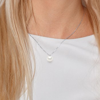 Collier Diamant Naturel 0,050 Cts Perle d'Eau Douce Ronde 9-10 mm Argent 925