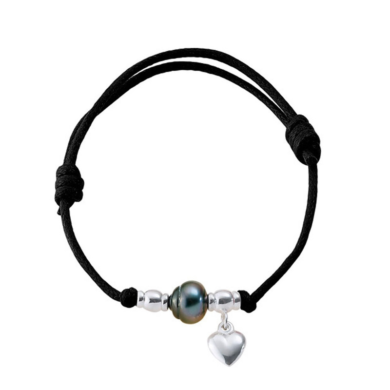 Bracelet Ajustable Femme Perle de Tahiti, Coeur en Argent Massif 925/1000 et Coton Ciré Noir