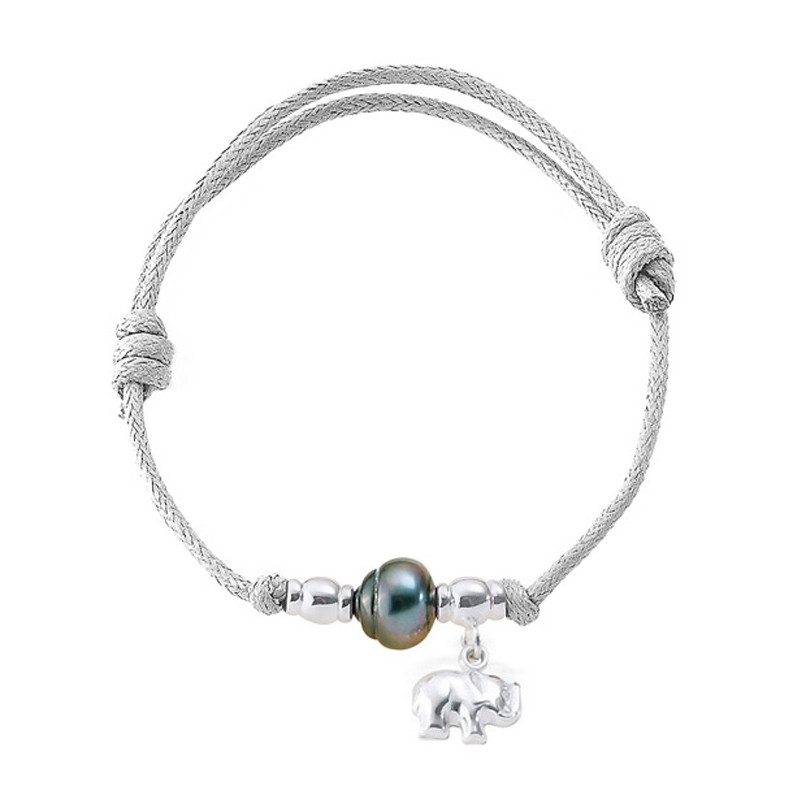 Bracelet Ajustable Femme Perle de Tahiti, Eléphant en Argent Massif 925 et Coton Ciré Blanc