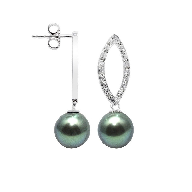 Boucles d'Oreilles Perles de Tahiti, Diamants et Or Blanc 750/1000