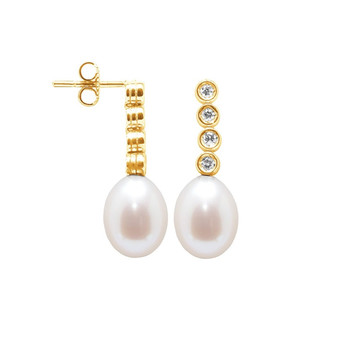 Boucles d'Oreilles Pendantes Perles de Culture Blanches, Diamants et Or Jaune 750/1000