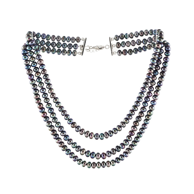Collier Femme 3 rangs en Perles de culture d'eau douce Noires et Fermoir en Argent 925 - vue V1
