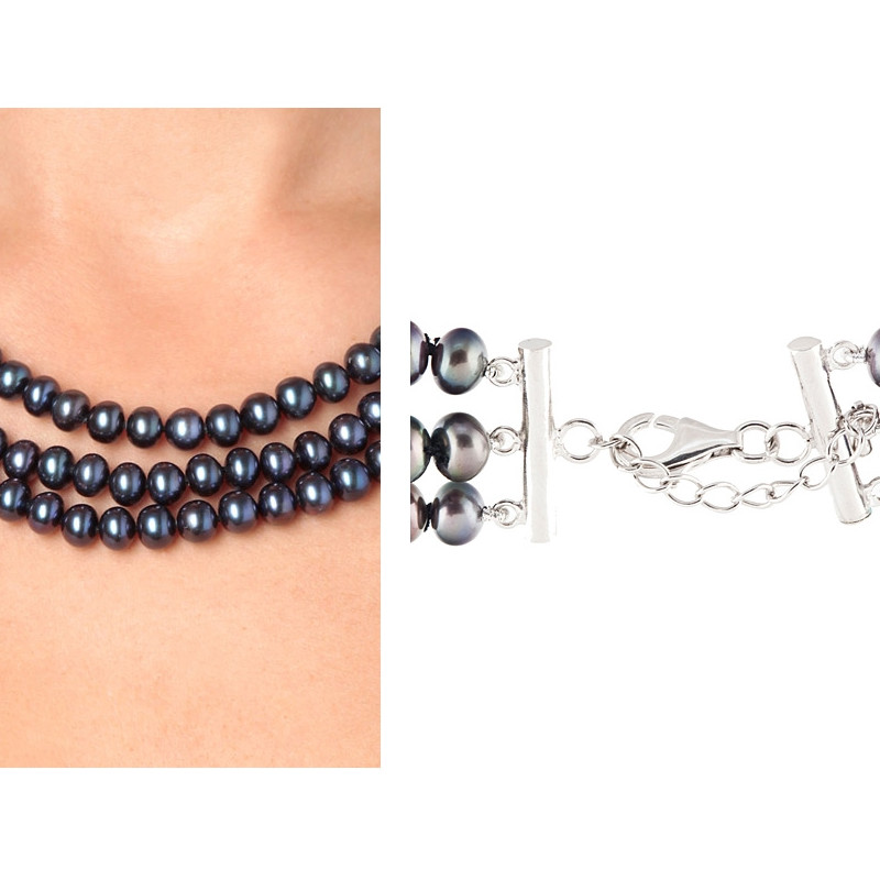 Collier Femme 3 rangs en Perles de culture d'eau douce Noires et Fermoir en Argent 925 - vue V4