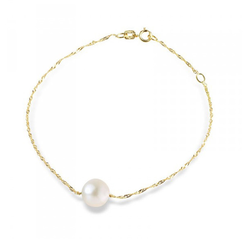 Bracelet Femme Chaine Singapour en Or Jaune 375/1000 et Perle de culture d'eau douce Blanche