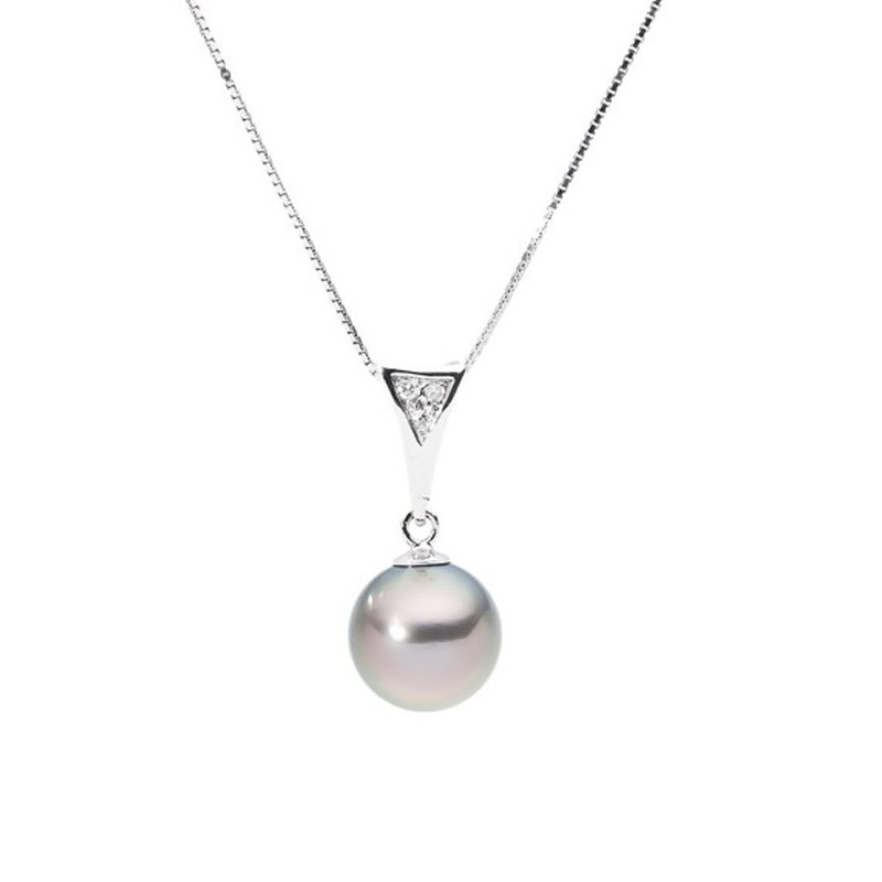 Collier Pendentif en Or Blanc 375/1000, Diamants et Perle de Tahiti