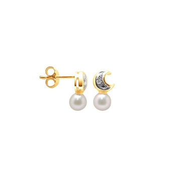 Boucles d'Oreilles Perles de Culture Blanches, Diamants et or jaune 750/1000