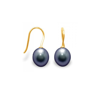 Boucles d'Oreilles a crochets Perles de Culture Noires et or jaune 375/1000