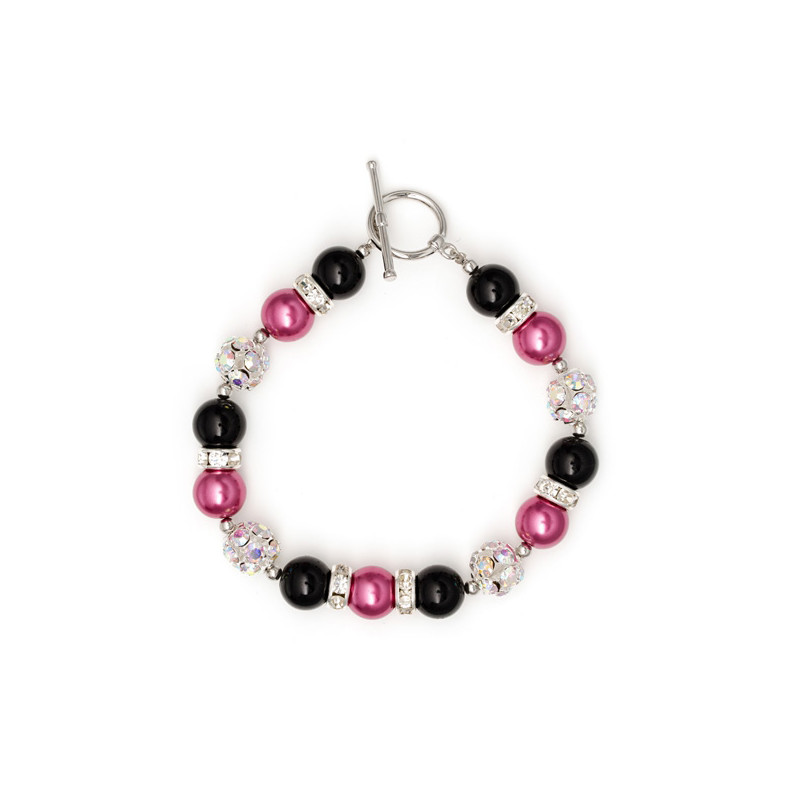 Bracelet 1 Rang en Perles Rose et Noir, Cristal et Plaqué Rhodium - vue 2