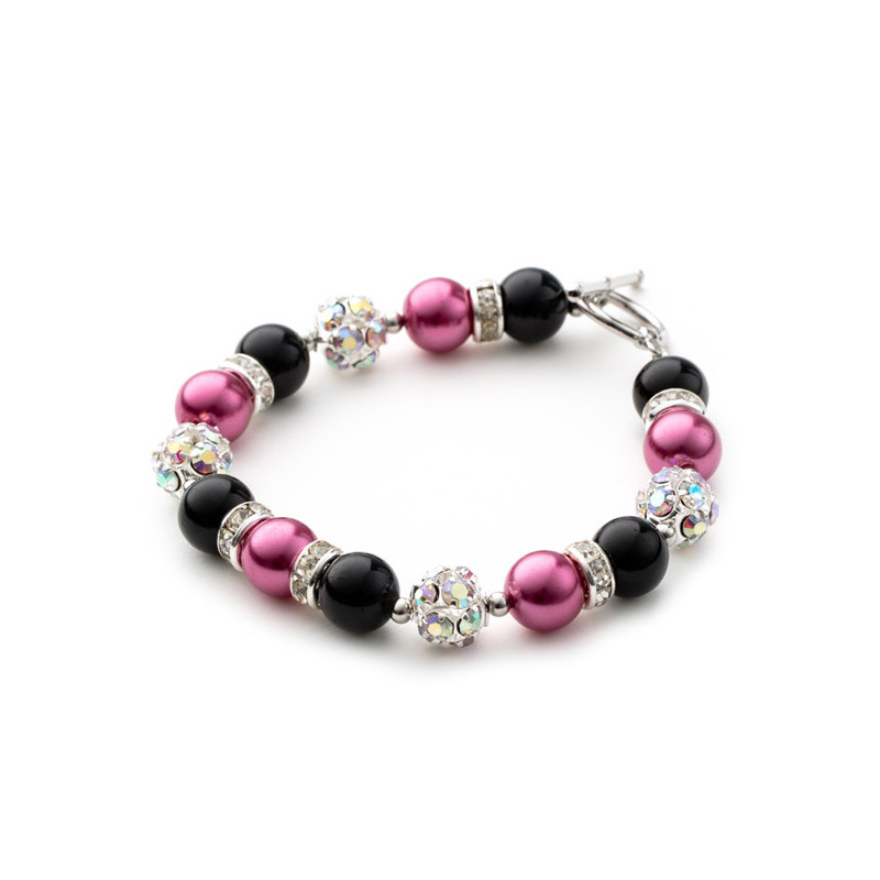 Bracelet 1 Rang en Perles Rose et Noir, Cristal et Plaqué Rhodium - vue 3