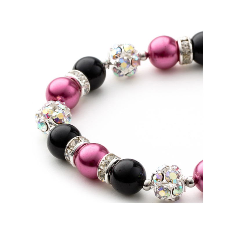 Bracelet 1 Rang en Perles Rose et Noir, Cristal et Plaqué Rhodium - vue 4
