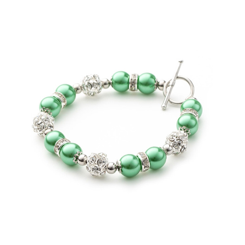 Bracelet 1 Rang en Perles Vertes, Cristal et Plaqué Rhodium