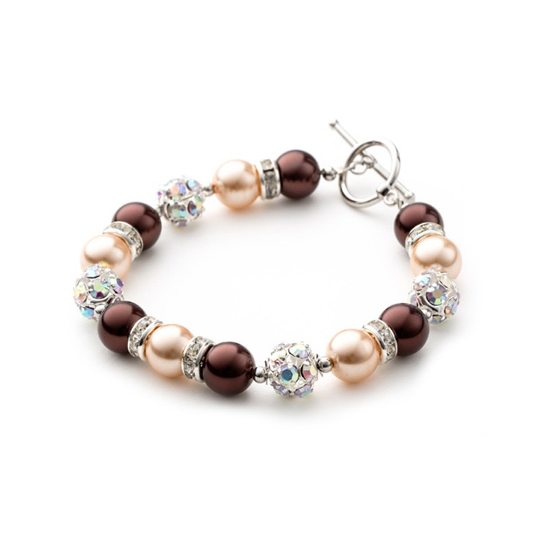 Bracelet 1 Rang en Perles Marron, Cristal et Plaqué Rhodium