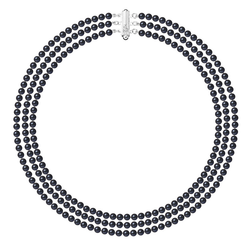 Collier 3 Rangs de Perles de culture d'eau douce Noir et Argent 925