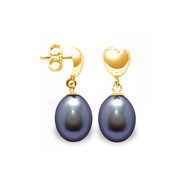 Boucles d'Oreilles Coeurs Pendantes Perles de Culture Noires et or jaune 375/1000