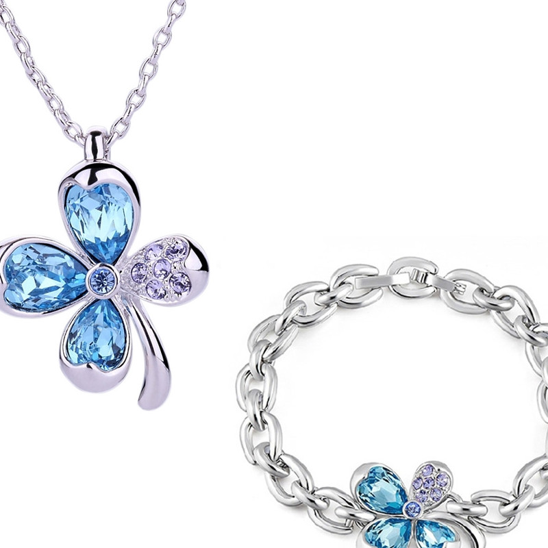 Parure Pendentif Et Bracelet Tr Fle Orn De Cristal De Swarovski Bleu