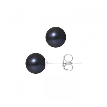 Boucles d'Oreilles Perles de Culture d'eau douce Noires 7.5 mm et or Blanc 750/1000