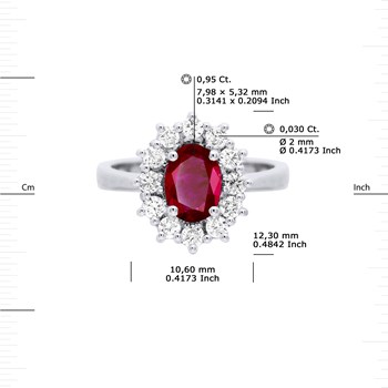 Bague Marquise RUBIS 0,95 Cts Diamants 0,36 Cts Or Blanc 18 Carats