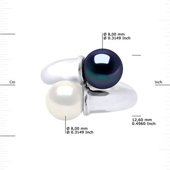 Bague TOI ET MOI Perles d'Eau Douce 8 mm Blanche et Noire Argent 925