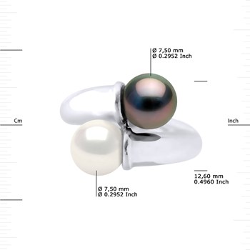 Bague TOI ET MOI Perle de Tahiti et d'Eau Douce Rondes 7,5-8 mm Argent 925