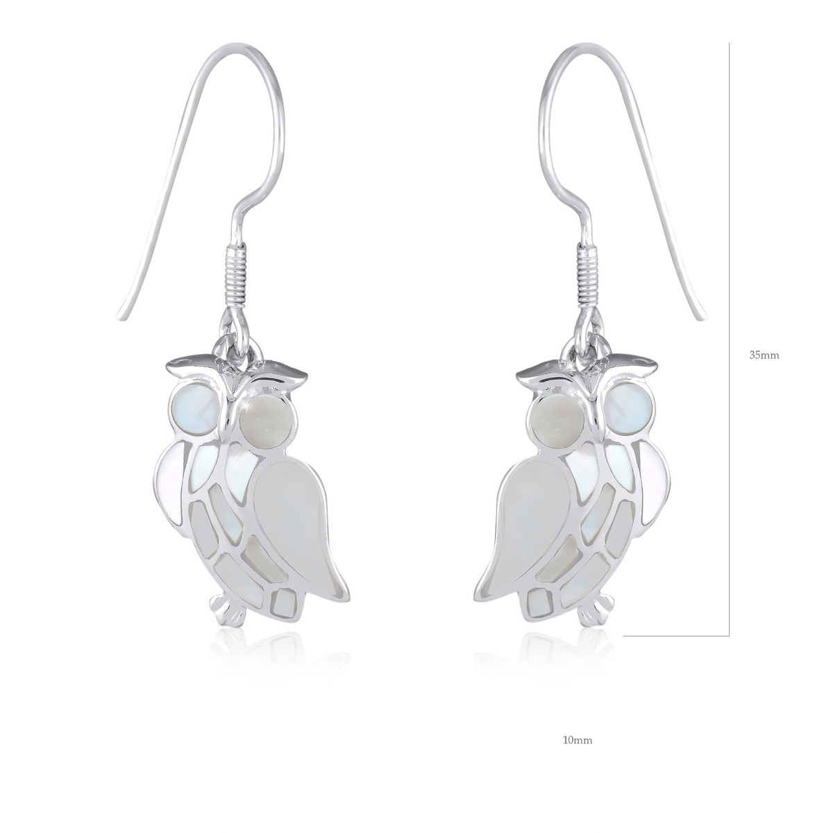 Bijoux de créateurs en argent, des boucles d'oreille pendantes en Hibou-Chouette de nacre blanche et argent 925-000 - vue 3