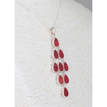 Pendentif Chandelier gouttes de corail rouge serties d' argent