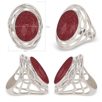 Bague forme cabochon corail- ovale- Nid d' argent-Femme
