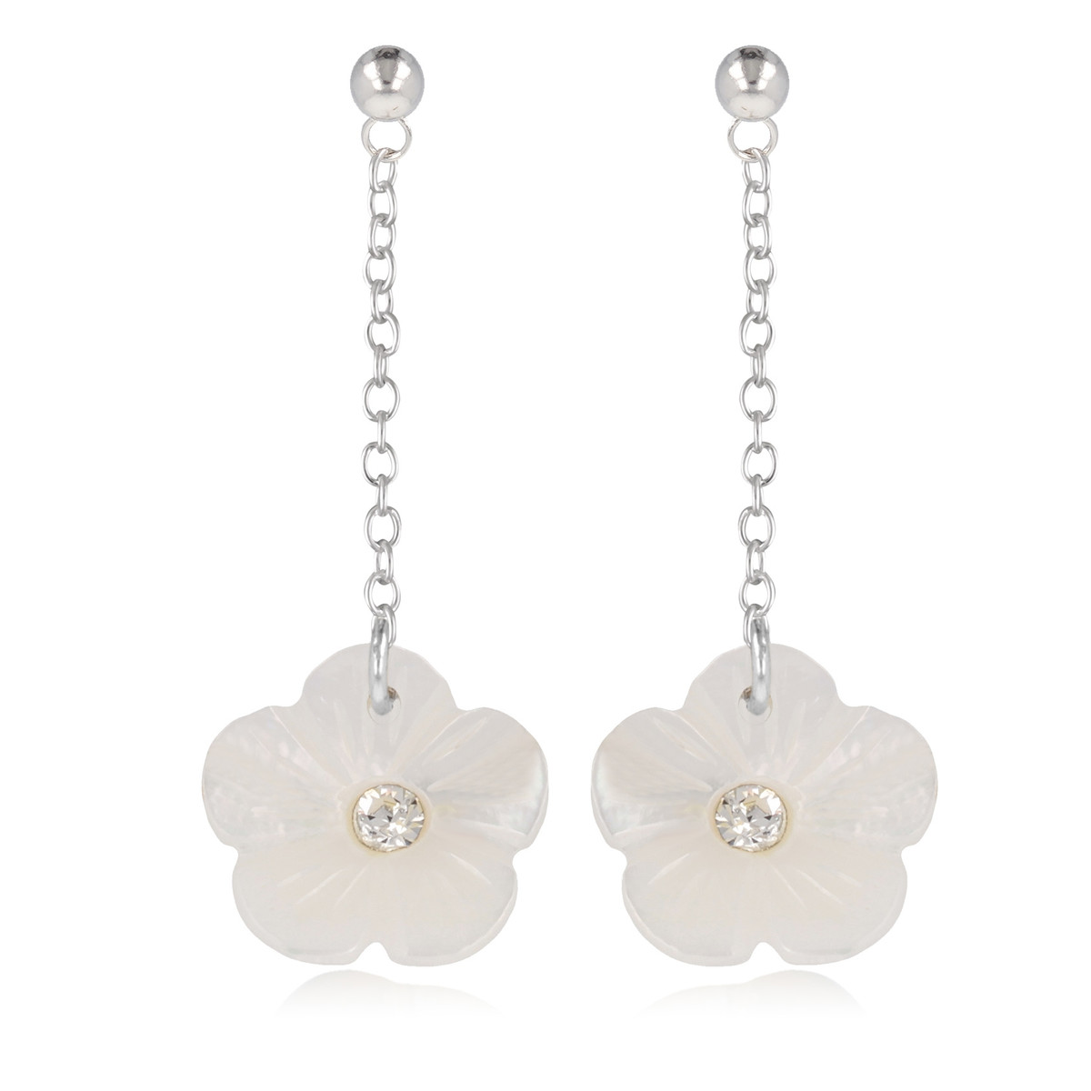 Boucles D Oreille Argent Fleur Pendante Nacre Avec Cristal Femme