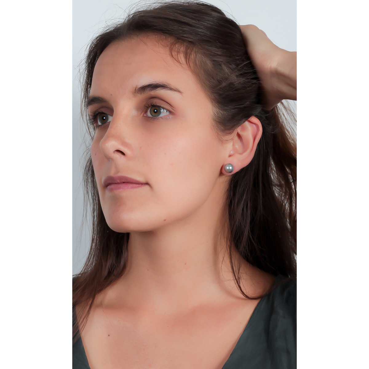 Boucles d'oreille plaqué or cabochon gris 10MM - vue 2