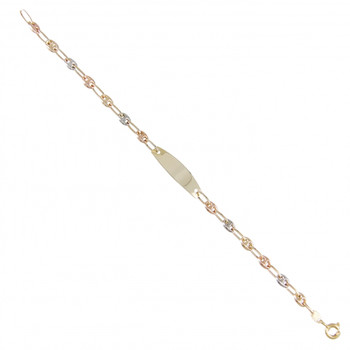 Bracelet Enfant Or Tricolore - Jaune, Blanc, Rose - Gourmette Identité - Maille Grain de Café - Personnalisable