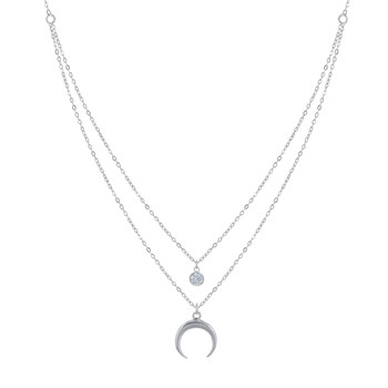Collier Double Chaine Argent 925 Croissant de Lune et Zirconia - Blanc