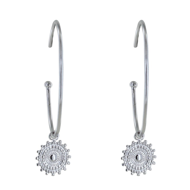 Boucles d'Oreilles Argent 925 Rhodié Demi Créoles et Soleil - vue 2