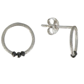 Boucles d'Oreilles Petites Créoles Argent 925 Brossé et ses 3 Diamants Noirs
