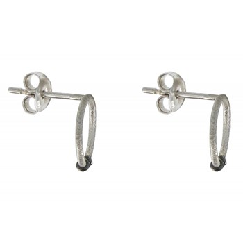 Boucles d'Oreilles Petites Créoles Argent 925 Brossé et ses 3 Diamants Noirs